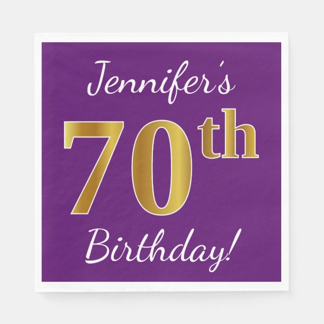 Servilleta De Papel Purple, Faux Gold 70th Birthday + Custom Name (Anverso)
