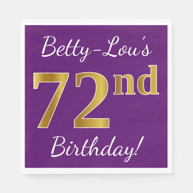 Servilleta De Papel Purple, Faux Gold 72nd Birthday + Nombre personali (Anverso)