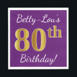 Servilleta De Papel Purple, Faux Gold 80th Birthday   Nombre personali<br><div class="desc">Este sencillo diseño de servilletas de papel muestra un mensaje como "¡Cumpleaños 80 de Betty-Lou!",  con el "80" en un falso aspecto dorado,  en un fondo morado. El nombre se puede personalizar. Se podría usar en una fiesta de cumpleaños para alguien que esté celebrando su ochenta cumpleaños. [~Z0000085]</div>