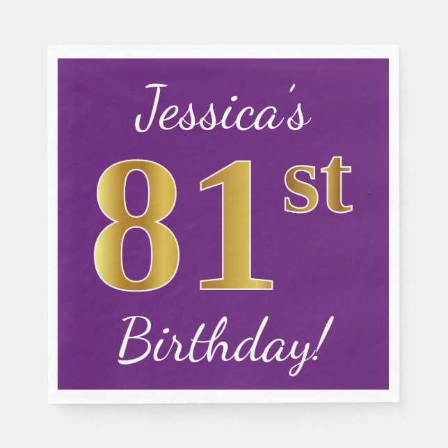 Servilleta De Papel Purple, Faux Gold 81st Birthday + Nombre personali (Anverso)