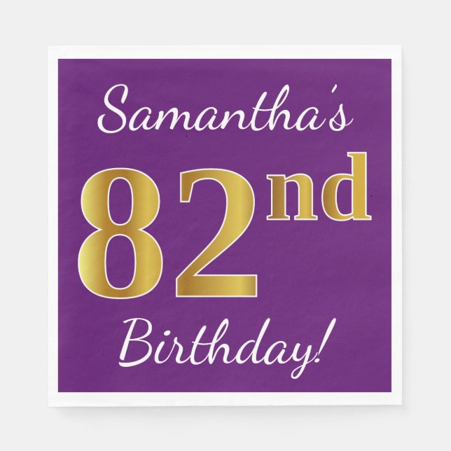 Servilleta De Papel Purple, Faux Gold 82nd Birthday + Nombre personali (Anverso)