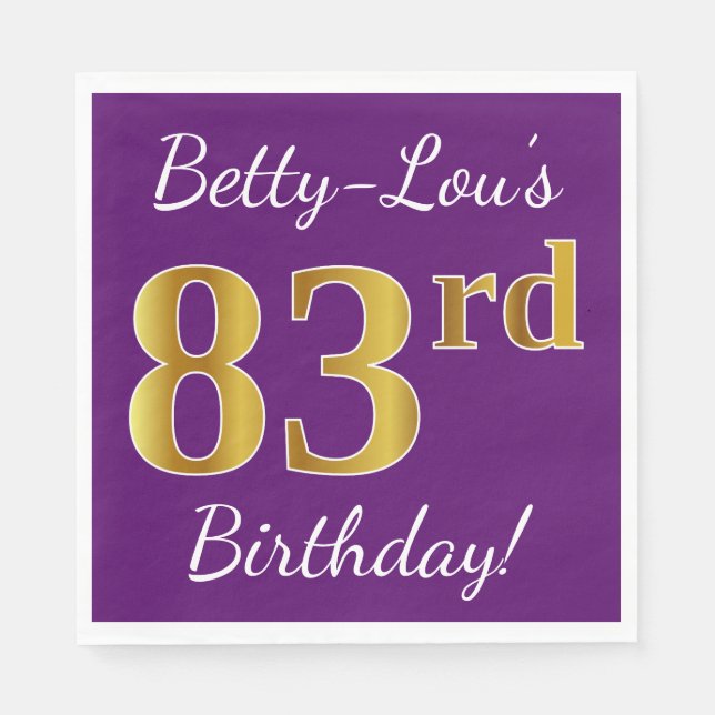 Servilleta De Papel Purple, Faux Gold 83rd Birthday + Custom Name (Anverso)