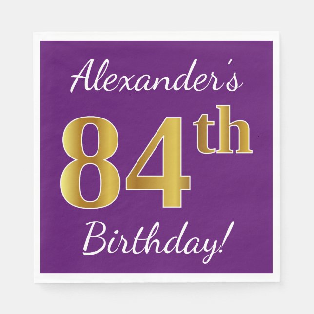 Servilleta De Papel Purple, Faux Gold 84th Birthday + Custom Name (Anverso)