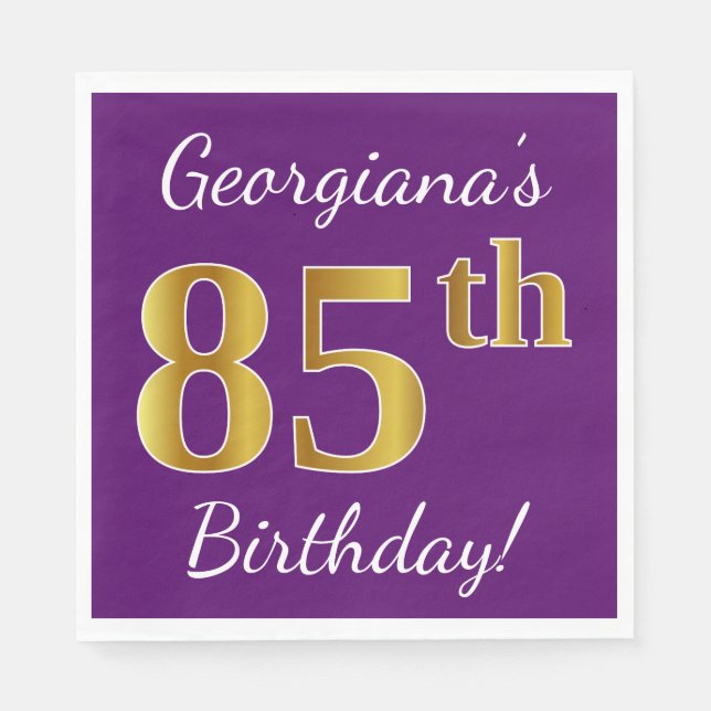 Servilleta De Papel Purple, Faux Gold 85th Birthday + Custom Name (Anverso)