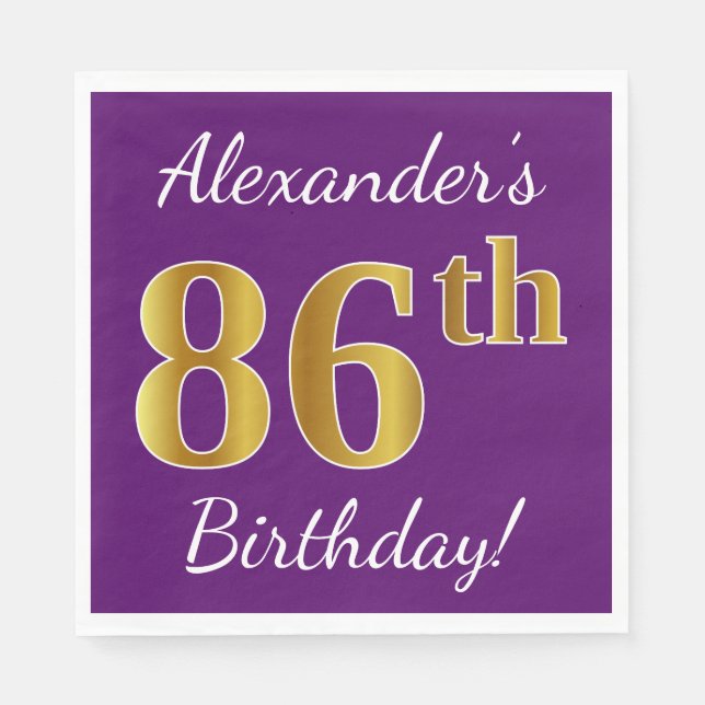 Servilleta De Papel Purple, Faux Gold 86th Birthday + Custom Name (Anverso)