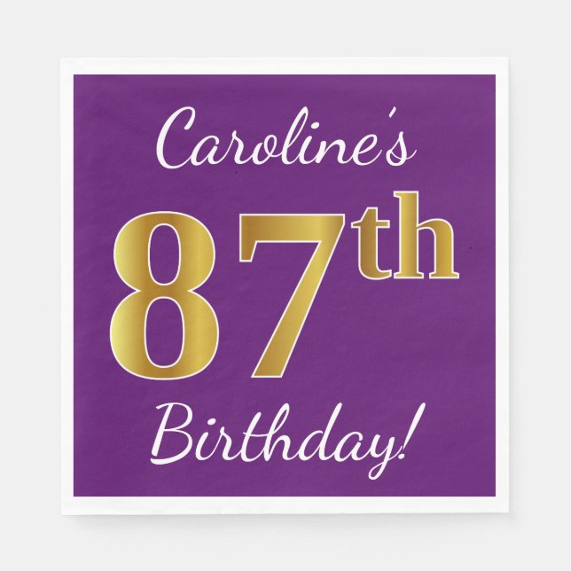 Servilleta De Papel Purple, Faux Gold 87th Birthday + Custom Name (Anverso)