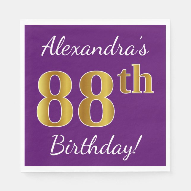 Servilleta De Papel Purple, Faux Gold 88th Birthday + Custom Name (Anverso)