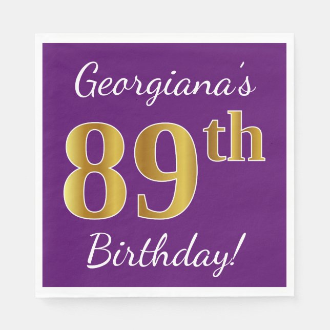 Servilleta De Papel Purple, Faux Gold 89th Birthday + Custom Name (Anverso)