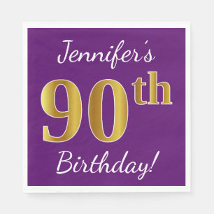Servilleta De Papel Purple, Faux Gold 90 cumpleaños + Nombre personal