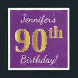 Servilleta De Papel Purple, Faux Gold 90th Birthday   Custom Name<br><div class="desc">Este sencillo diseño de servilletas de papel muestra un mensaje como "¡El cumpleaños 90 de Jennifer!",  con el "90" en falso aspecto dorado,  en un fondo morado. El nombre se puede personalizar. Se podría usar en una fiesta de cumpleaños para alguien que esté celebrando su cumpleaños número noventa. [~Z0000085]</div>