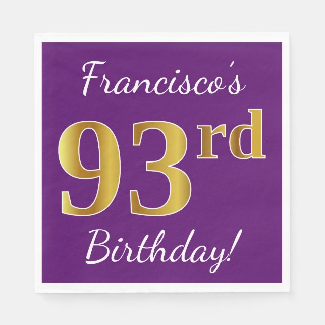 Servilleta De Papel Purple, Faux Gold 93rd Birthday + Custom Name (Anverso)