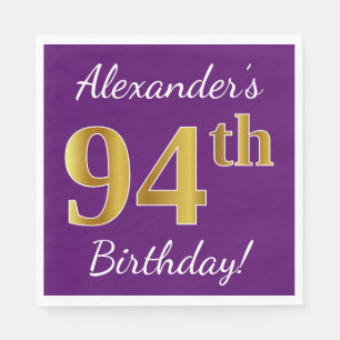 Servilleta De Papel Purple, Faux Gold 94th Birthday + Custom Name