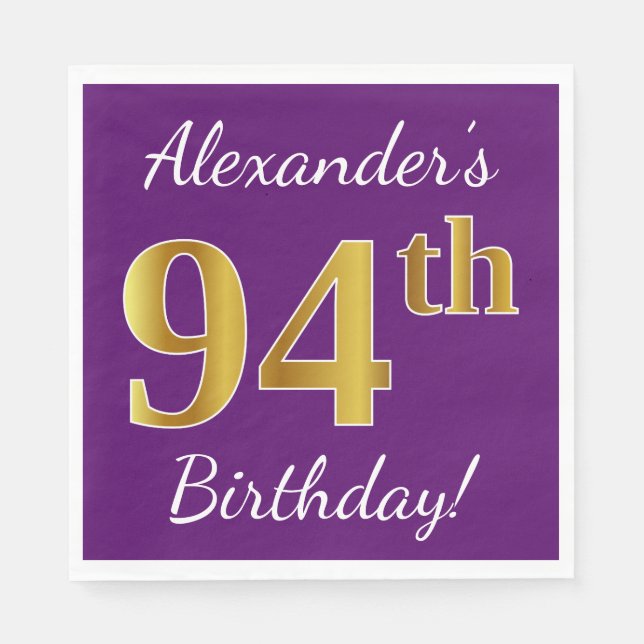 Servilleta De Papel Purple, Faux Gold 94th Birthday + Custom Name (Anverso)