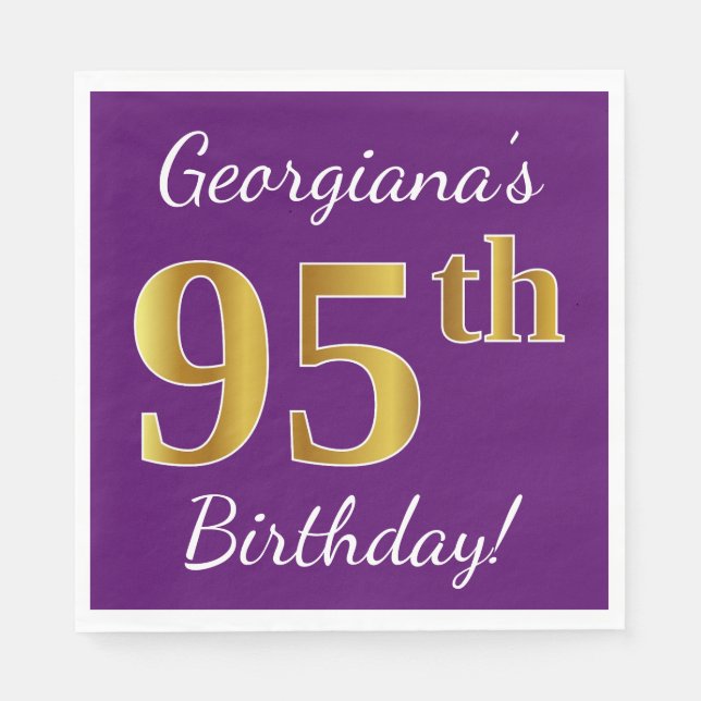 Servilleta De Papel Purple, Faux Gold 95th Birthday + Custom Name (Anverso)