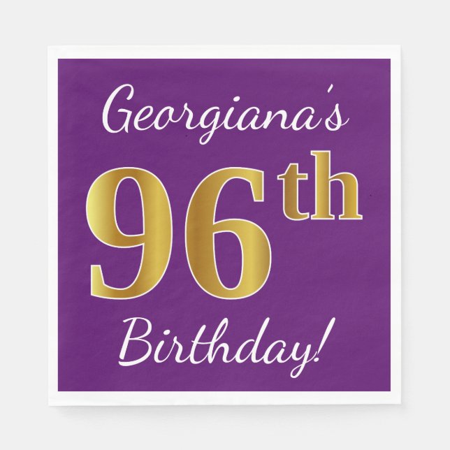 Servilleta De Papel Purple, Faux Gold 96th Birthday + Custom Name (Anverso)