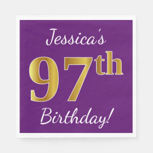 Servilleta De Papel Purple, Faux Gold 97th Birthday + Custom Name