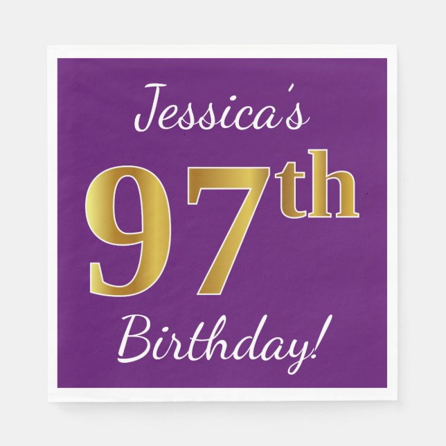 Servilleta De Papel Purple, Faux Gold 97th Birthday + Custom Name (Anverso)