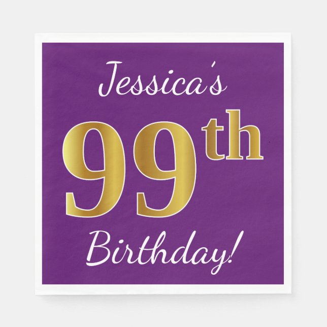 Servilleta De Papel Purple, Faux Gold 99th Birthday + Custom Name (Anverso)