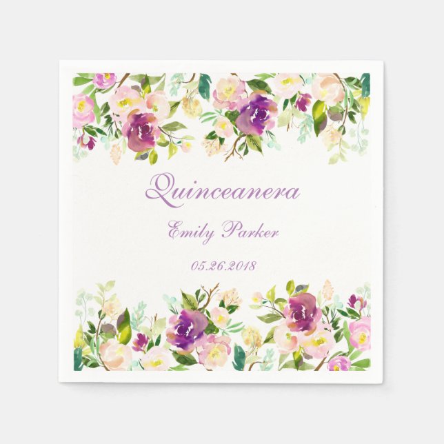 Servilleta De Papel Purple Floral Elegante Quinceanera Napkin (Anverso)