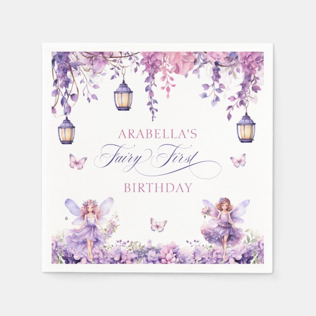 Servilleta De Papel Purple Floral Fantasy Fairy First Birthday (Anverso)
