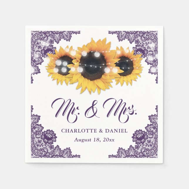 Servilleta De Papel Purple Floral Lace Sunflower Wedding (Anverso)