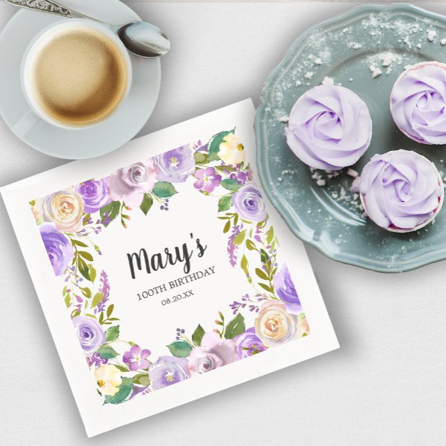 Servilleta De Papel Purple Floral Monogram 100th Birthday Party (Subido por el creador)