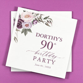 Servilleta De Papel Purple Floral Script 90th Birthday 