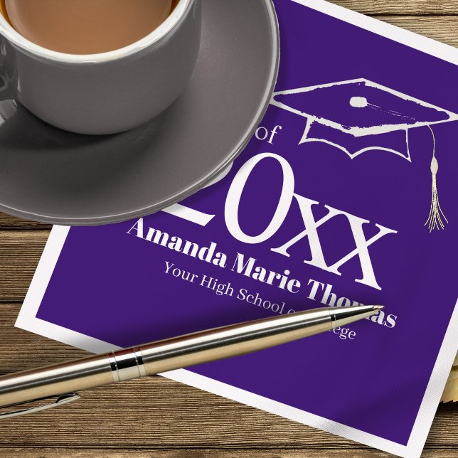Servilleta De Papel Purple Graduation Cap Class of 20XX Name (Celebrate your grad in style with a custom purple Class of 20XX party napkin.)
