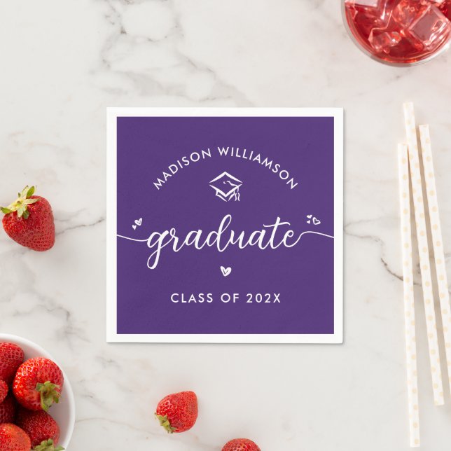 Servilleta De Papel Purple Graduation Script Hearts Cap Icon Modern (In situ)