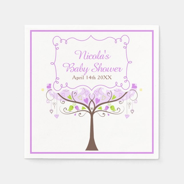 Servilleta De Papel Purple & Green Floral Bird Baby Shower  (Anverso)