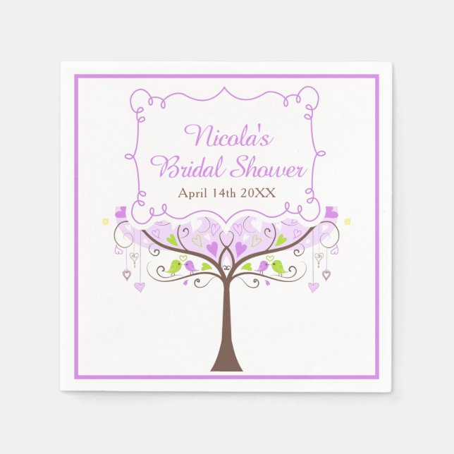 Servilleta De Papel Purple & Green Floral Bird Bridal Shower  (Anverso)