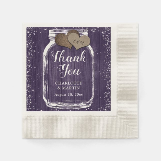 Servilleta De Papel Purple Mason Jar Rustic Wood Gracias Boda (Anverso)