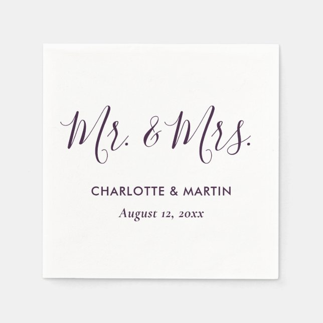 Servilleta De Papel Purple Modern Script Mr. and Mrs. Wedding (Anverso)