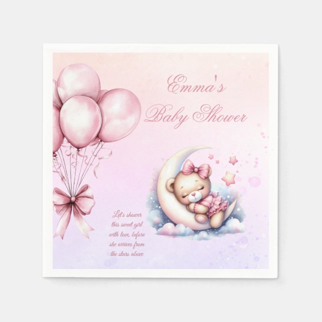 Servilleta De Papel Purple Pink Moon Dreamy Baby Bear Baby Shower Napk (Anverso)