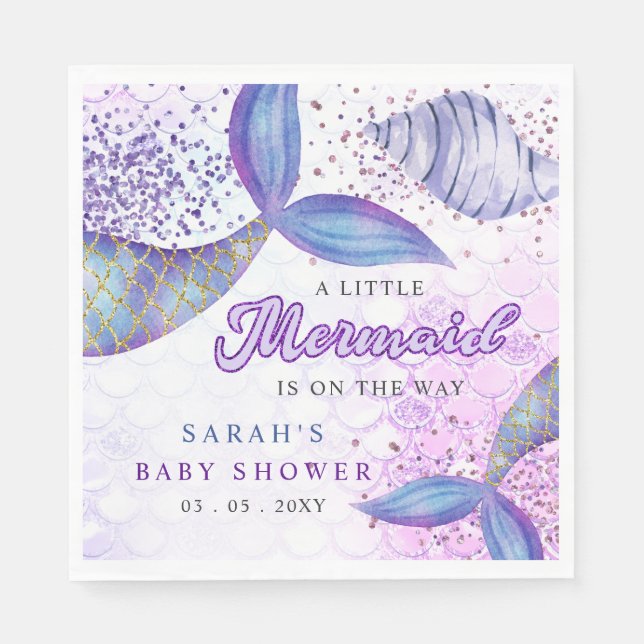 Servilleta De Papel Purple Purpurina Mermaid Baby Shower (Anverso)