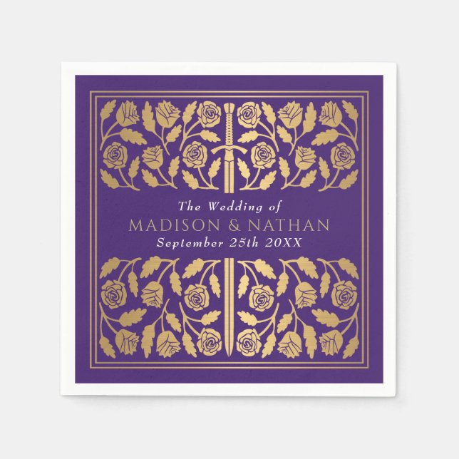 Servilleta De Papel Purple Royal Medieval Gold Sword Wedding (Anverso)