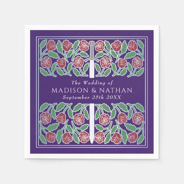 Servilleta De Papel Purple Royal Medieval Silver Floral Sword Wedding (Anverso)