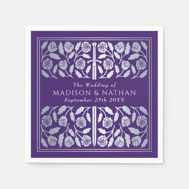 Servilleta De Papel Purple Royal Medieval Silver Sword Wedding (Anverso)