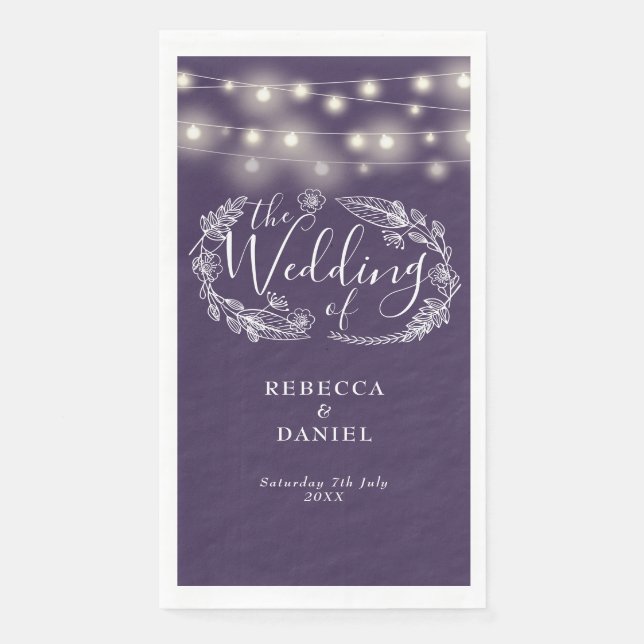 Servilleta De Papel Purple String Lights Floral Script Boda (Anverso)