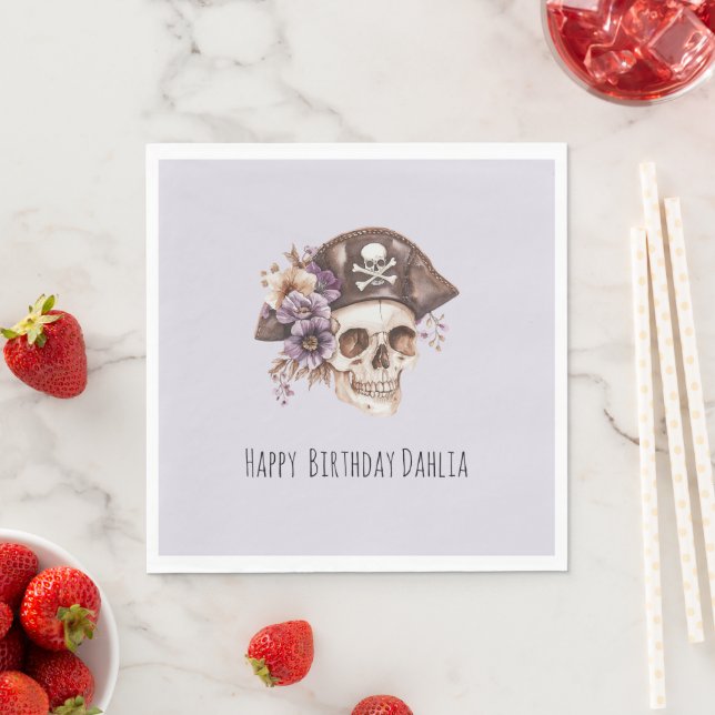 Servilleta De Papel Purple Tan Floral Skull Birthday (In situ)