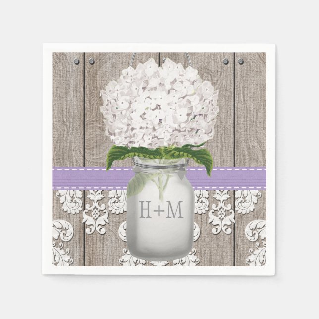 Servilleta De Papel Púrpura Monogramada Hydrangea Mason Jar (Anverso)