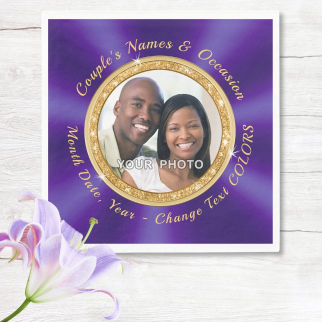 Servilleta De Papel Púrpura real, personalizada, servilletas con foto (Wedding Photo Napkins. Dinner, Luncheon and Cocktail, Personalized Wedding Napkins. Wedding Napkins.)