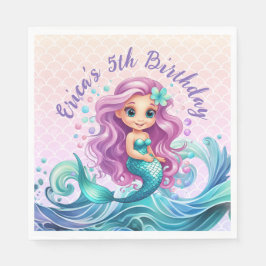 Servilleta De Papel Púrpura Verde azulada Pequeña Sirena Acuarela Cump