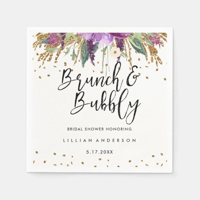 Servilleta De Papel Purpurina Amethyst Brunch y Bubbly Bridal Shower (Anverso)