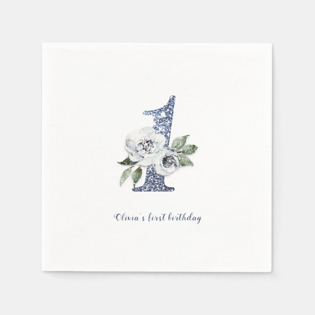 Servilleta De Papel Purpurina azul espumoso y floral primer cumpleaños (Anverso)