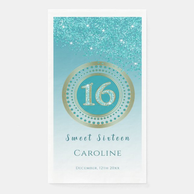 Servilleta De Papel Purpurina azul verde azulado y dulce dorado 16 mon (Anverso)