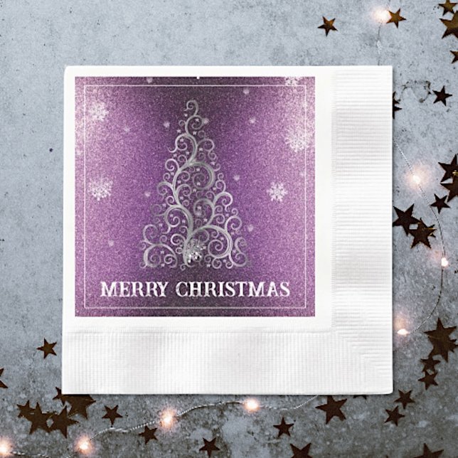 Servilleta De Papel Purpurina de árbol de Navidad y copos de nieve | M (Magenta Christmas Tree Glitter and Snowflakes Napkins)