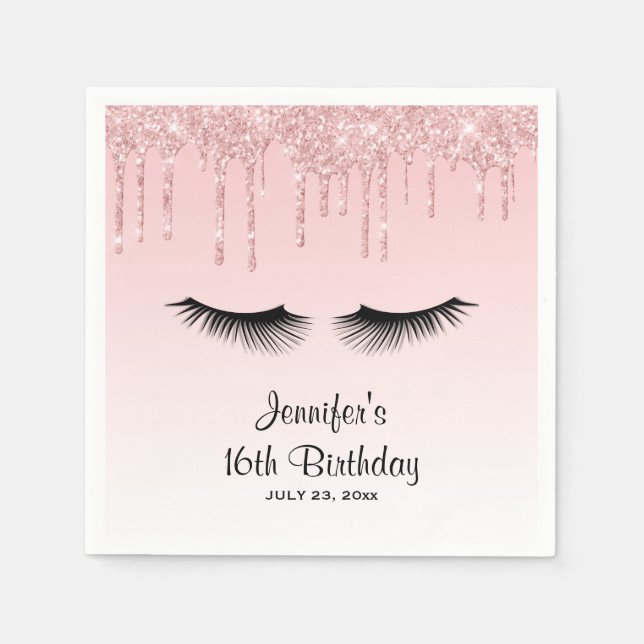 Servilleta De Papel Purpurina de goteo rosado moderno y pestañas (Anverso)