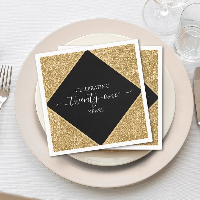 Servilleta De Papel Purpurina de Oro 21 Aniversario feliz Fiesta de cu (black and gold glitter 21st birthday napkins)