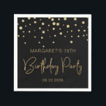Servilleta De Papel Purpurina de oro Confetti 70th Birthday Party Blac<br><div class="desc">Estas elegantes servilletas de cumpleaños incluyen una rociada de confeti de diamantes de oro y las palabras "Partido de Cumpleaños" en la tipografía de purpurinas de imitación dorada sobre un fondo negro. Personalízalos con el nombre y año de cumpleaños del honorario y la fecha.</div>
